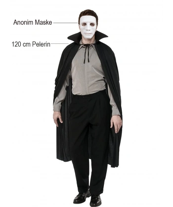 Siyah Renk Yakalı 120 cm Pelerin ve Beyaz Anonim Maske