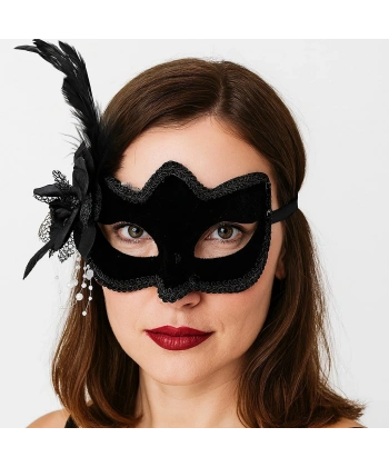 Siyah Renk Yandan Tüylü Beyaz İncili Süet Kaplama A Kalite Lüks Parti Maskesi 20x23 cm