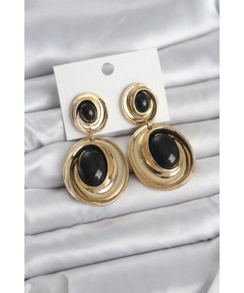 Siyah Sallantılı Damla Model Gold Renk Vintage Kadın Küpe