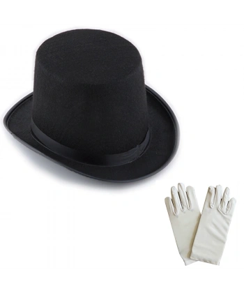 Siyah Sihirbaz Fötr Şapka 15 cm - 1 Çift Beyaz Sihirbaz Eldiveni - Yetişkin Boy