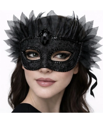 Siyah Taşlı Venedik Maskesi Lüks Tüllü Parti Maskesi