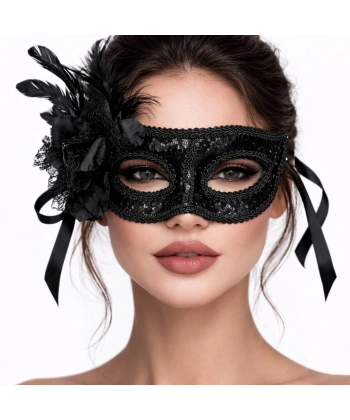 Siyah Venedik Parti Maskesi – Çiçekli Tüylü Payetli