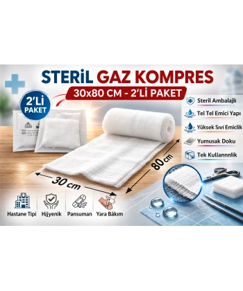 Steril Gaz Kompres 30x80 cm 2li 1 Paket Tel Tel Spanç Steril Gazlı Bez Yara Bakım Kompresi