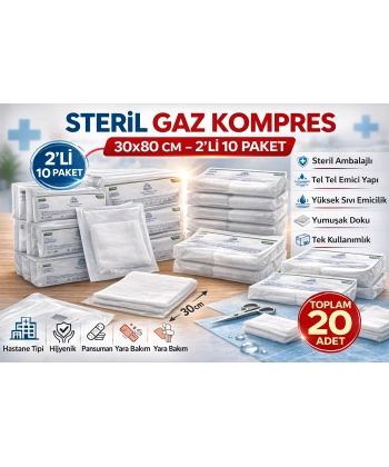 Steril Gaz Kompres 30x80 cm 2li 10 Paket Tel Tel Spanç Steril Gazlı Bez Yara Bakım Kompresi