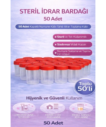 Steril İdrar Kabı Kapasiteli Numune Toplama Kabı 50 Adet