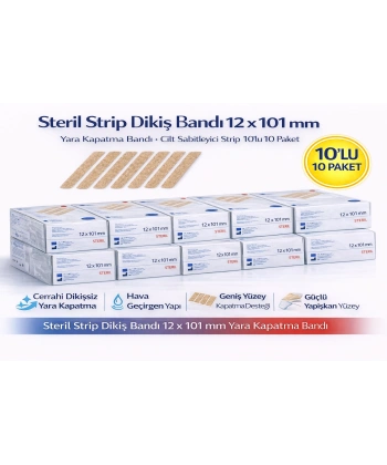 Steril Strip Dikiş Bandı 12 x 101 mm Yara Kapatma Bandı Cilt Sabitleyici Strip 10’lu 10 Paket