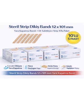 Steril Strip Dikiş Bandı 12 x 101 mm Yara Kapatma Bandı Cilt Sabitleyici Strip 10’lu 5 Paket