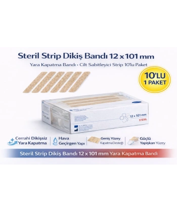 Steril Strip Dikiş Bandı 12 x 101 mm Yara Kapatma Bandı Cilt Sabitleyici Strip 10’lu Paket