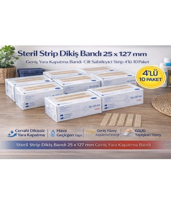 Steril Strip Dikiş Bandı 25 x 127 mm Geniş Yara Kapatma Bandı Cilt Sabitleyici Strip 4’lü 10 Paket