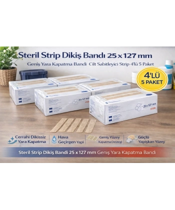 Steril Strip Dikiş Bandı 25 x 127 mm Geniş Yara Kapatma Bandı Cilt Sabitleyici Strip 4’lü 5 Paket