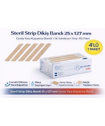 Steril Strip Dikiş Bandı 25 x 127 mm Geniş Yara Kapatma Bandı Cilt Sabitleyici Strip 4’lü Paket
