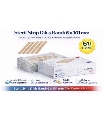 Steril Strip Dikiş Bandı 6 x 101 mm Yara Kapatma Bandı Cilt Sabitleyici Strip 6’lı 1 Paket