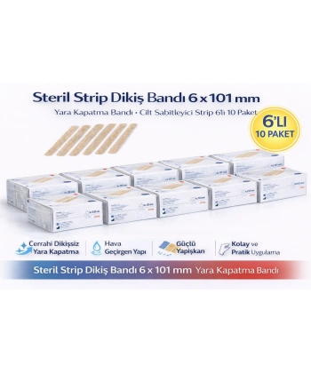 Steril Strip Dikiş Bandı 6 x 101 mm Yara Kapatma Bandı Cilt Sabitleyici Strip 6’lı 10 Paket