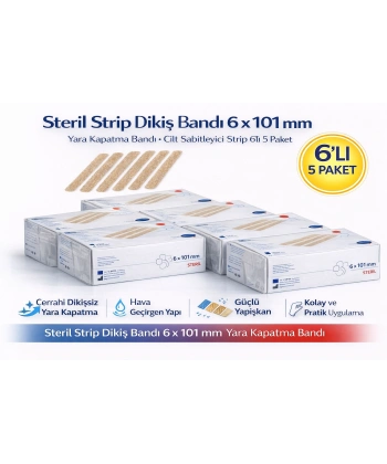 Steril Strip Dikiş Bandı 6 x 101 mm Yara Kapatma Bandı Cilt Sabitleyici Strip 6’lı 5 Paket