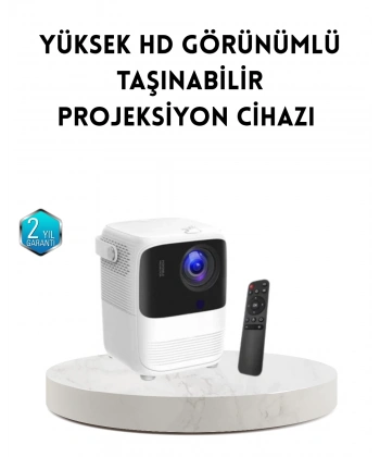 Taşınabilir Akıllı 1080P Projektör – 64GB Hafıza, 2GB RAM, Full HD Görüntü, Kumandalı