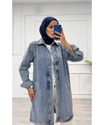 Taşlı tunik ceket kar yıkama orta mavi d2516