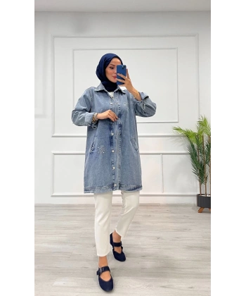 Taşlı tunik ceket kar yıkamalı mavi d2516