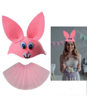 Tavşan Kostümü Pembe - 23 Nisan Tavşan Şapka ve Tütü Etek Seti 2 Parça