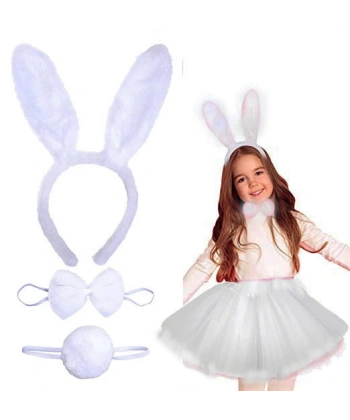 Tavşan Tacı Eteği Papyonu ve Kuyruk Kostüm Seti Beyaz Renk Çocuk Boy
