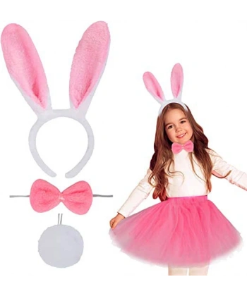 Tavşan Tacı Eteği Papyonu ve Kuyruk Kostüm  Seti Pembe Renk Çocuk Boy