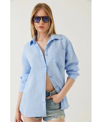 Tek cepli müslin gömlek mavi pt