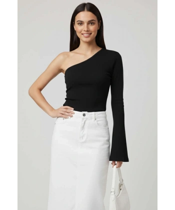 Tek Omuzlu Basic Bluz Siyah T4275