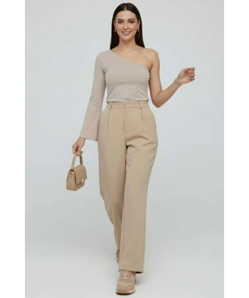 Tek Omuzlu Basic Bluz Vizon T4275