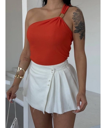 Tek omuzlu Otoman kumaş gold metal detaylı bluz s2311