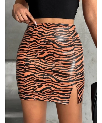 Tek yırtmaçlı zebra desenli deri etek kahvesiyah w24475-S