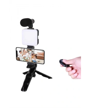 Telefon Tutucu Led Işıklı Kumandalı Mikrofon Telefon Vlog Video Kayıt
