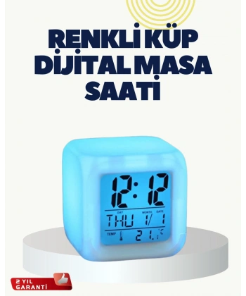 Termometre ve Takvim Özellikli 7 Renk Değiştiren Küp Alarm Saati