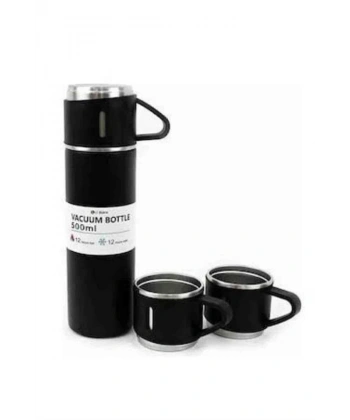Termos Paslanmaz Çelik Termos Siyah Renk 3 Bardaklı Termos Seti