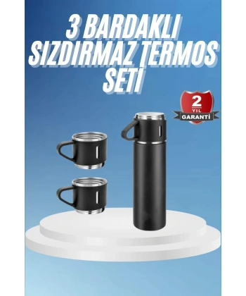 Termos Paslanmaz Çelik Termos Siyah Renk 3 Bardaklı Termos Seti
