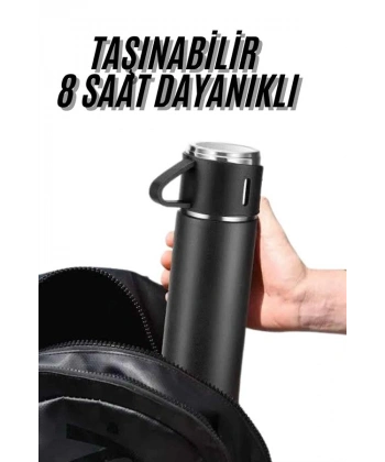 Termos Seti 3lü Bardak Seti Isı Dayanıklı Siyah Paslanmaz Çelik Vakumlu