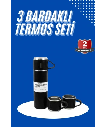 Termos Seti 3lü Bardak Seti Isı Dayanıklı Siyah Paslanmaz Çelik Vakumlu