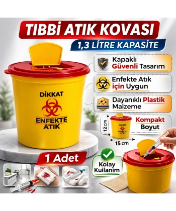 Tıbbi Atık Kovası 1,3 Litre 1 Adet Kapaklı Tıbbi Atık Kutusu Enfekte Atık Kovası
