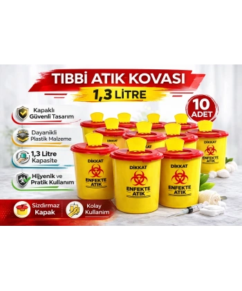 Tıbbi Atık Kovası 1,3 Litre 10 Adet Kapaklı Tıbbi Atık Kutusu Enfekte Atık Kovası Seti