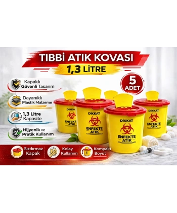 Tıbbi Atık Kovası 1,3 Litre 5 Adet Kapaklı Tıbbi Atık Kutusu Enfekte Atık Kovası Seti