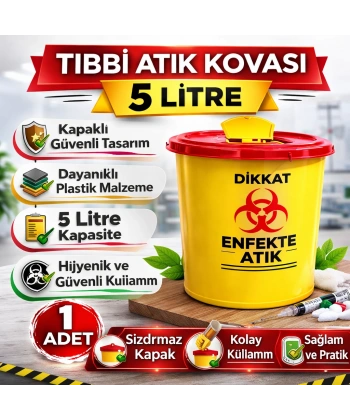 Tıbbi Atık Kovası 5 Litre 1 Adet Kapaklı Tıbbi Atık Kutusu Enfekte Atık Kovası