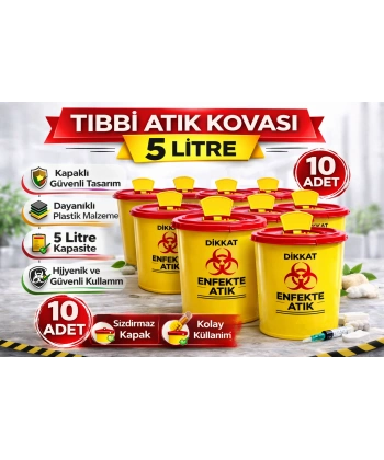 Tıbbi Atık Kovası 5 Litre 10 Adet Kapaklı Tıbbi Atık Kutusu Enfekte Atık Kovası