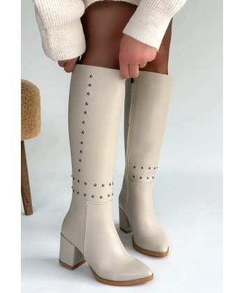 Tiyan Bej Cilt Topuklu Çizme