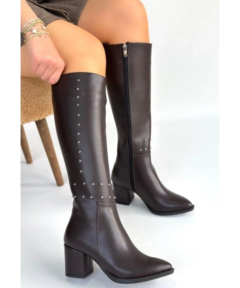 Tiyan Kahverengi Cilt Topuklu Çizme