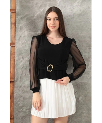 Tokalı tül kollu bluz siyah t4071