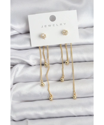 Topçuk Model Gold Renk Pirinç Sallantılı Kadın Küpe Seti