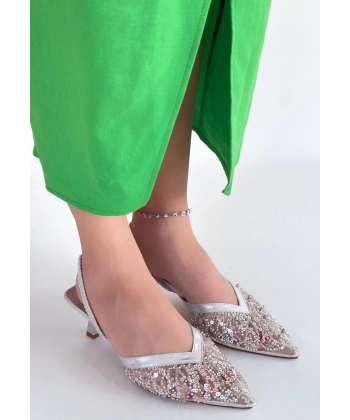 Toyi Gümüş Saten Topuklu Ayakkabı