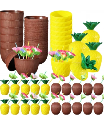 Tropikal Parti Bardak Seti – Ananas ve Hindistan Cevizi Şekilli Pipetli Bardaklar (20 Adet)