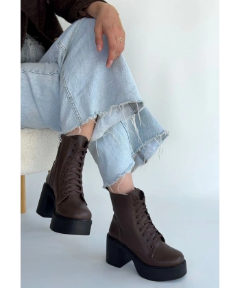 Tsan Kahverengi Cilt Bağcıklı Topuklu Bot