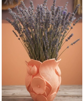 Turuncu Çiçek Desenli 3D Dekoratif Vazo Modern Masaüstü Aksesuar