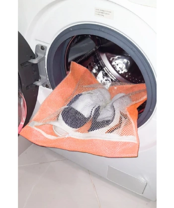 Turuncu - Fermuarlı - Hassas Çamaşır Terlik  Ayakkabı Yıkama Filesi Büyük Boy