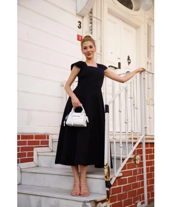 U yaka prenses elbise siyah s255101